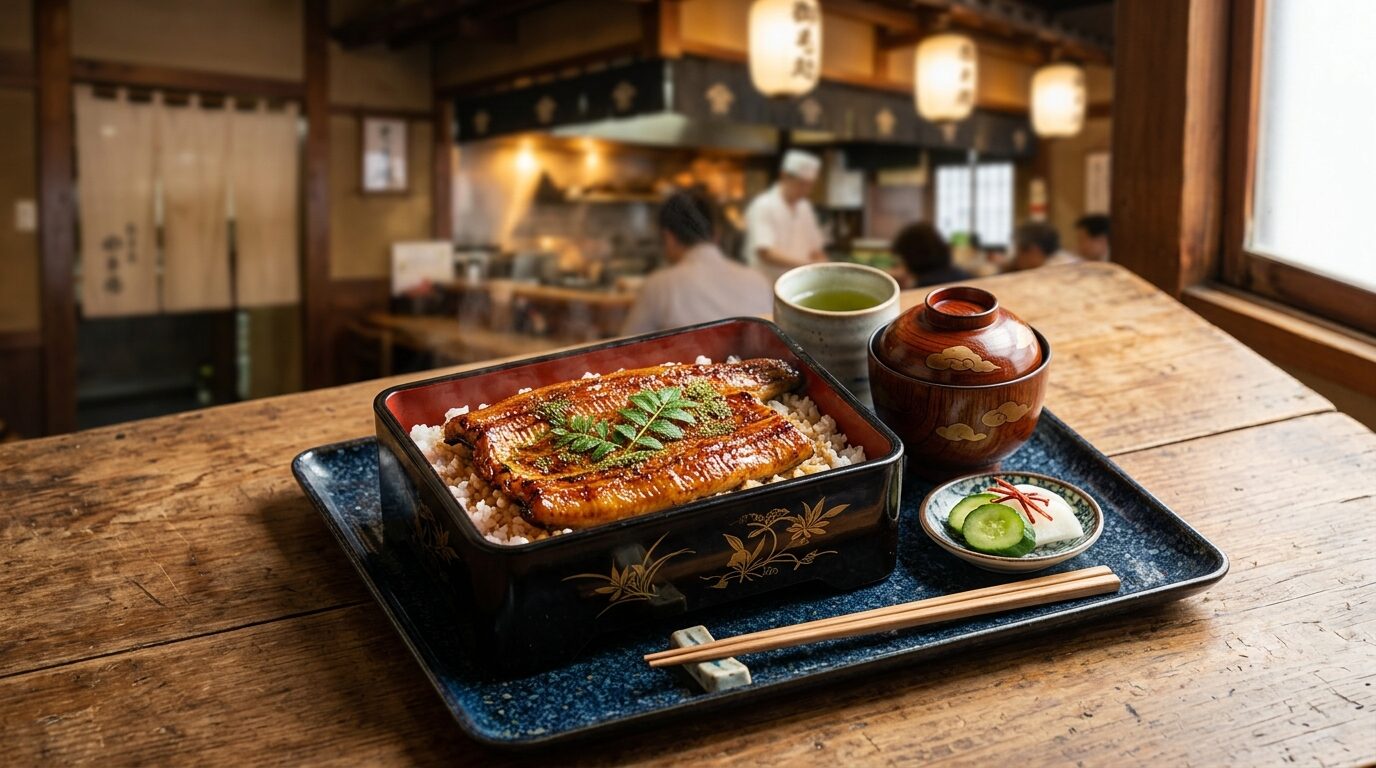 Grilled eel over rice in a lacquered box, garnished with greens, with miso soup and cucumber pickles on a blue tray.”,