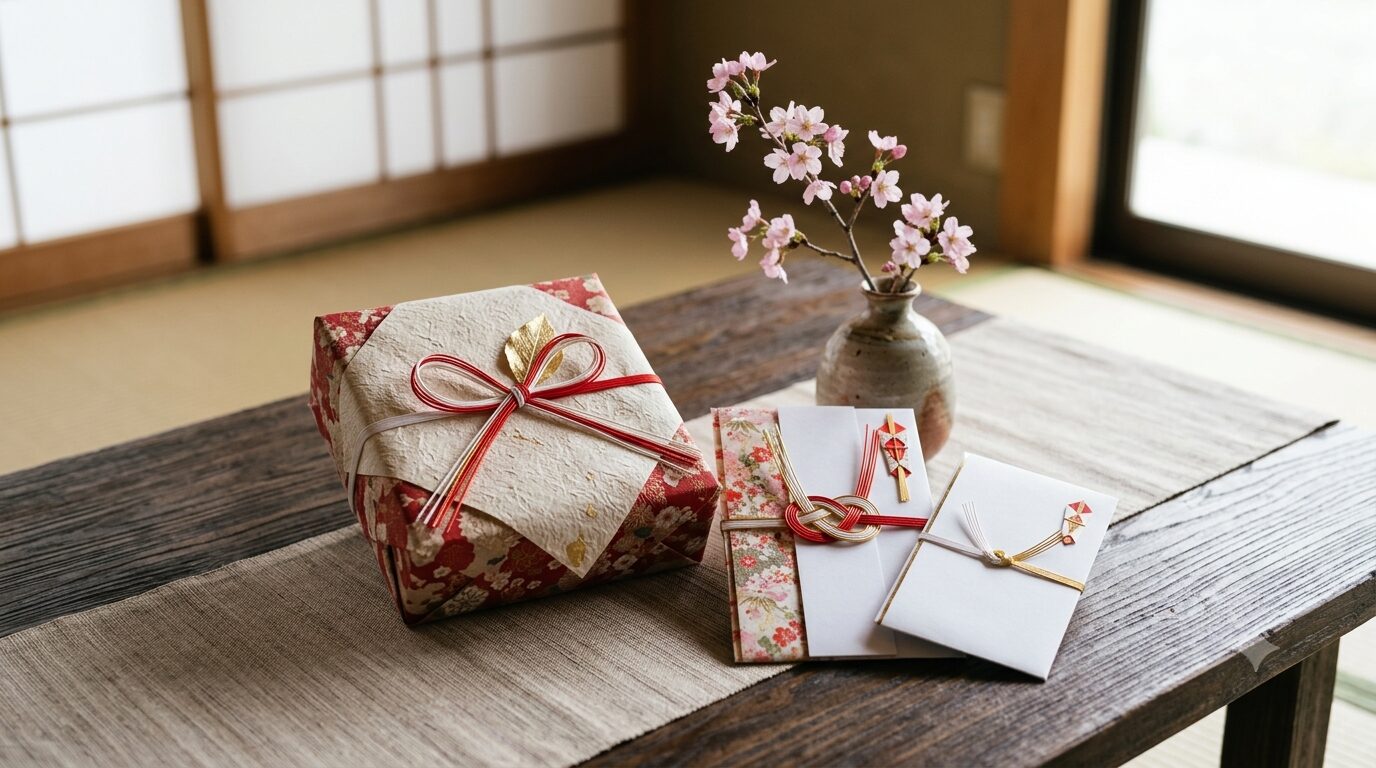 日本の贈り物とお返しの文化を表す水引と包みのイメージ