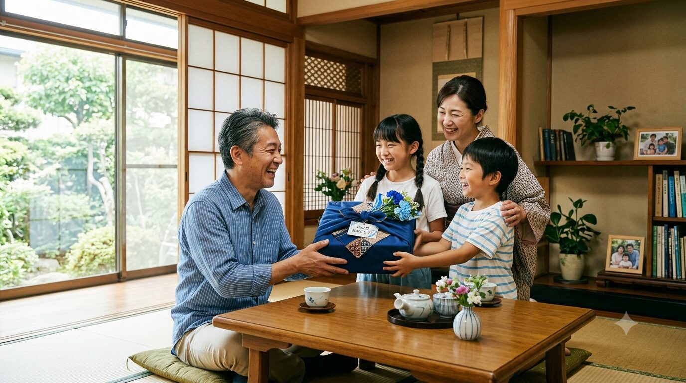 父の日に感謝を込めて贈り物を渡す家族の様子