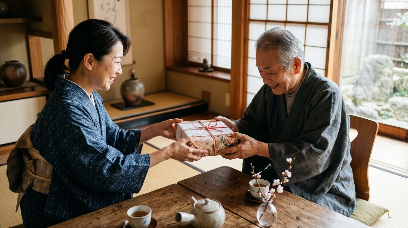 感謝の気持ちを込めて贈り物を手渡す様子