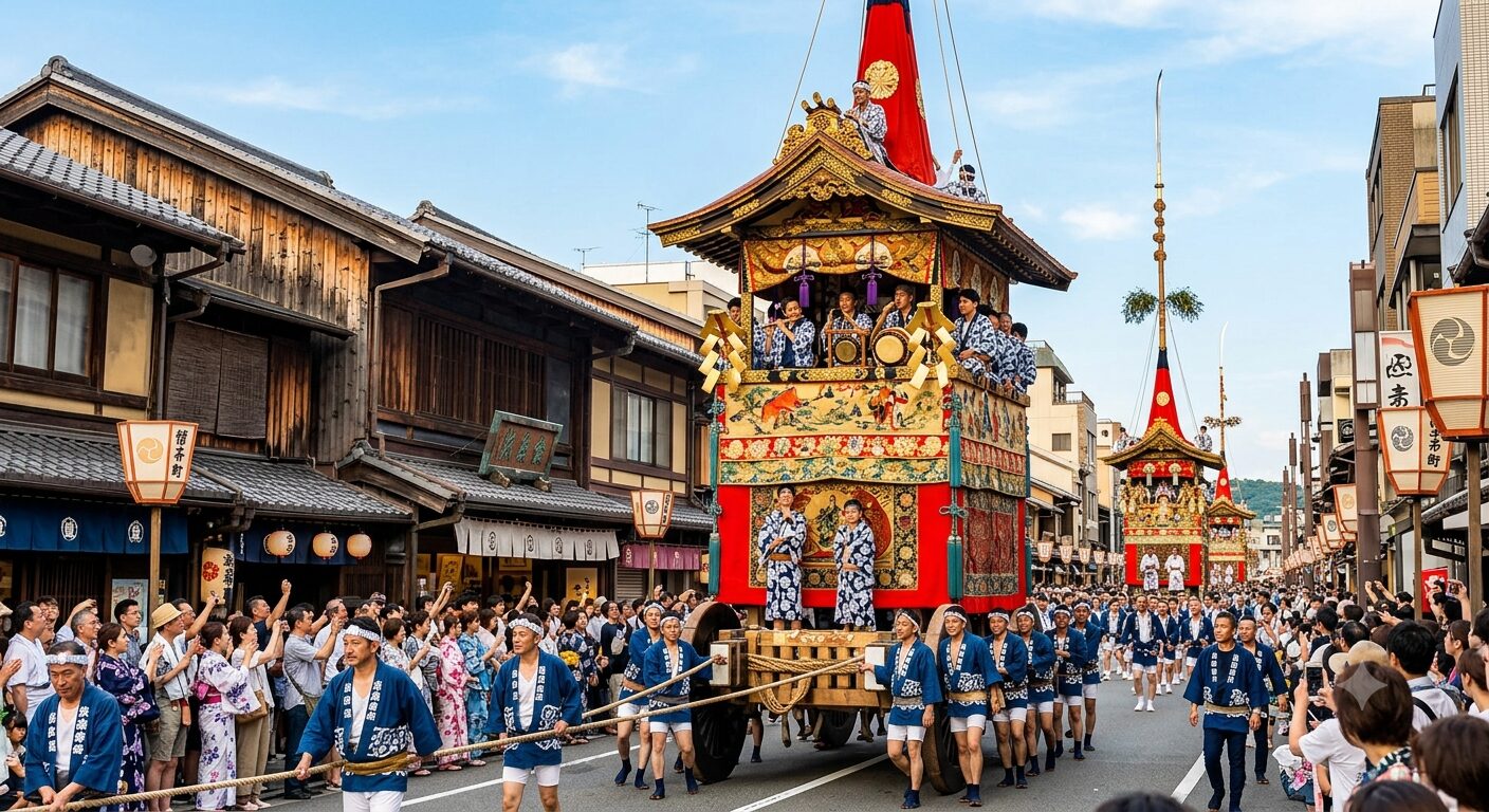 京都祇園祭の山鉾巡行。豪華な懸装品(かけそうひん)をまとった山鉾が京都の街を進む。