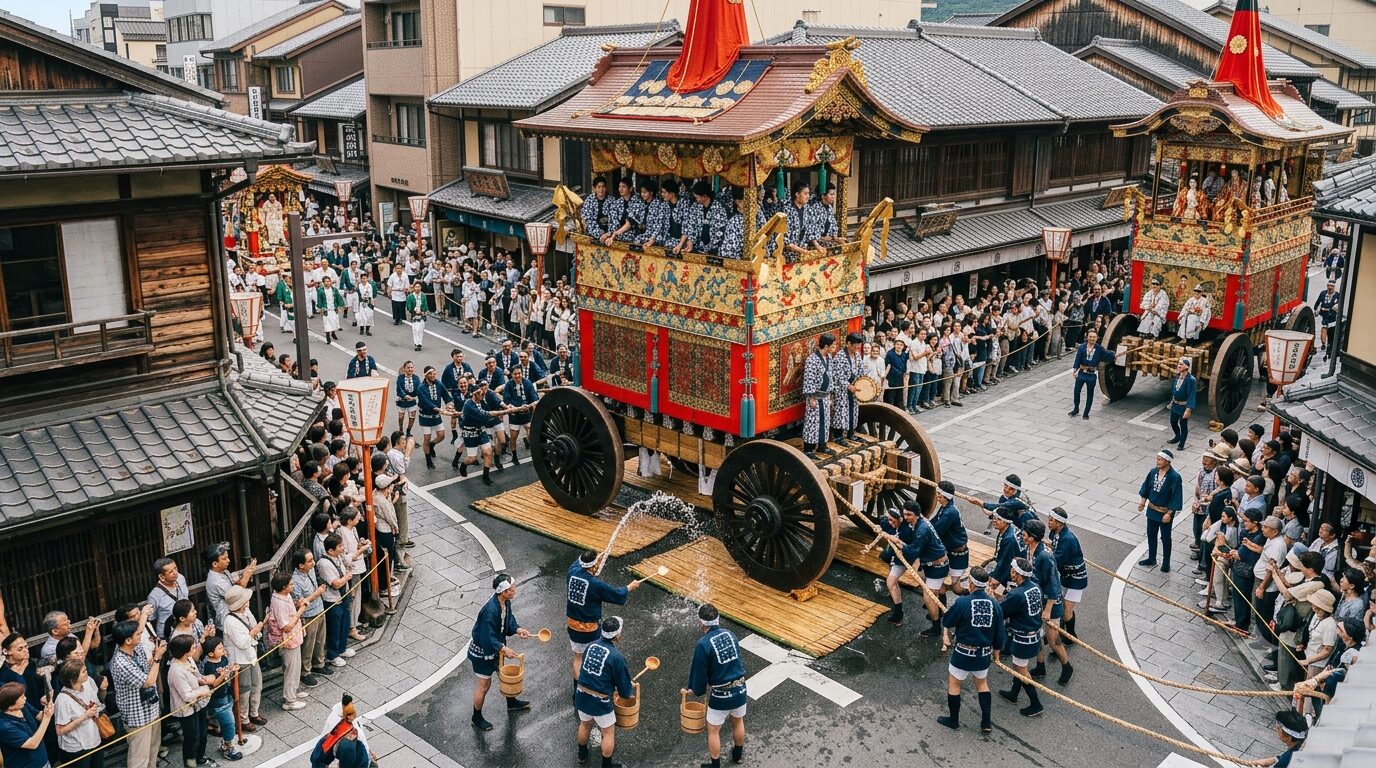祇園祭 辻回し 山鉾が交差点を曲がる様子