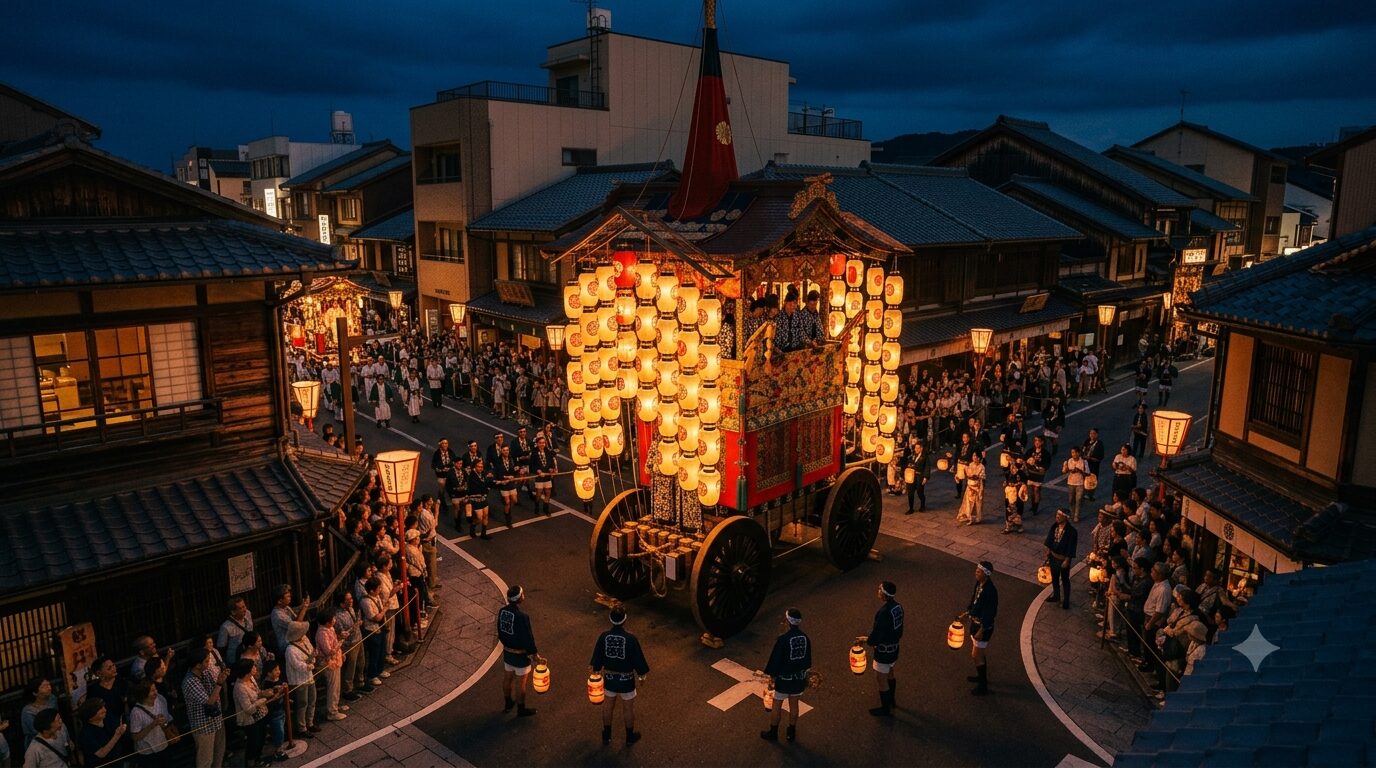 祇園祭 宵山 提灯の灯りに包まれた山鉾の夜景