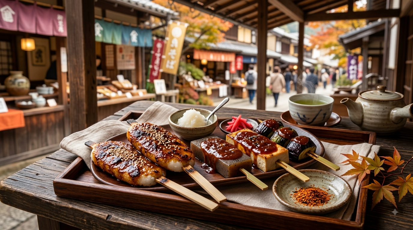 串に刺した五平餅と味噌田楽