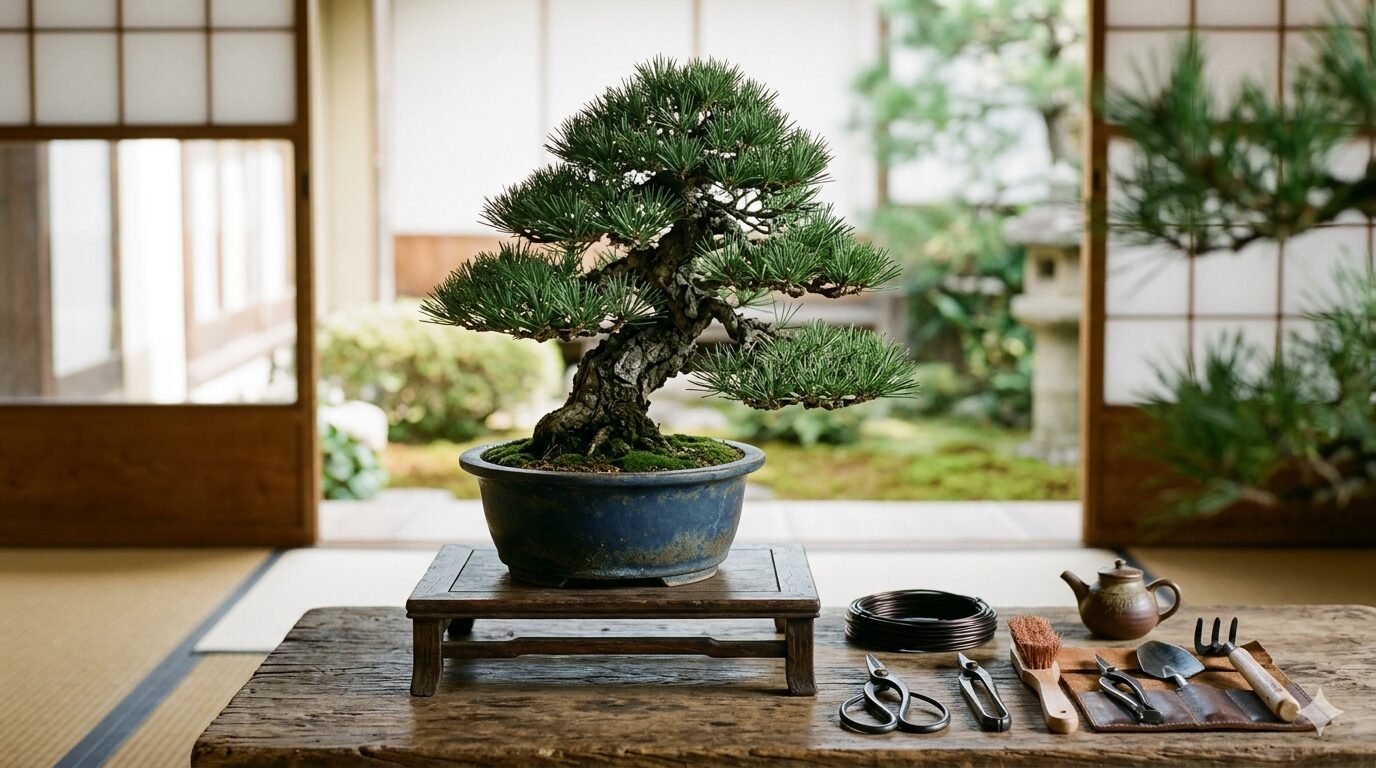 手入れが行き届いた五葉松盆栽と盆栽道具の静物写真