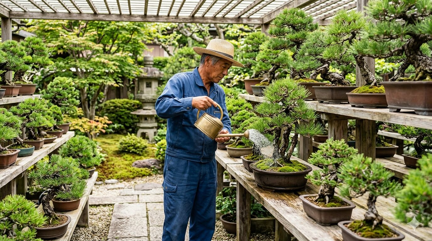屋外の棚に並ぶ五葉松盆栽と水やりの様子