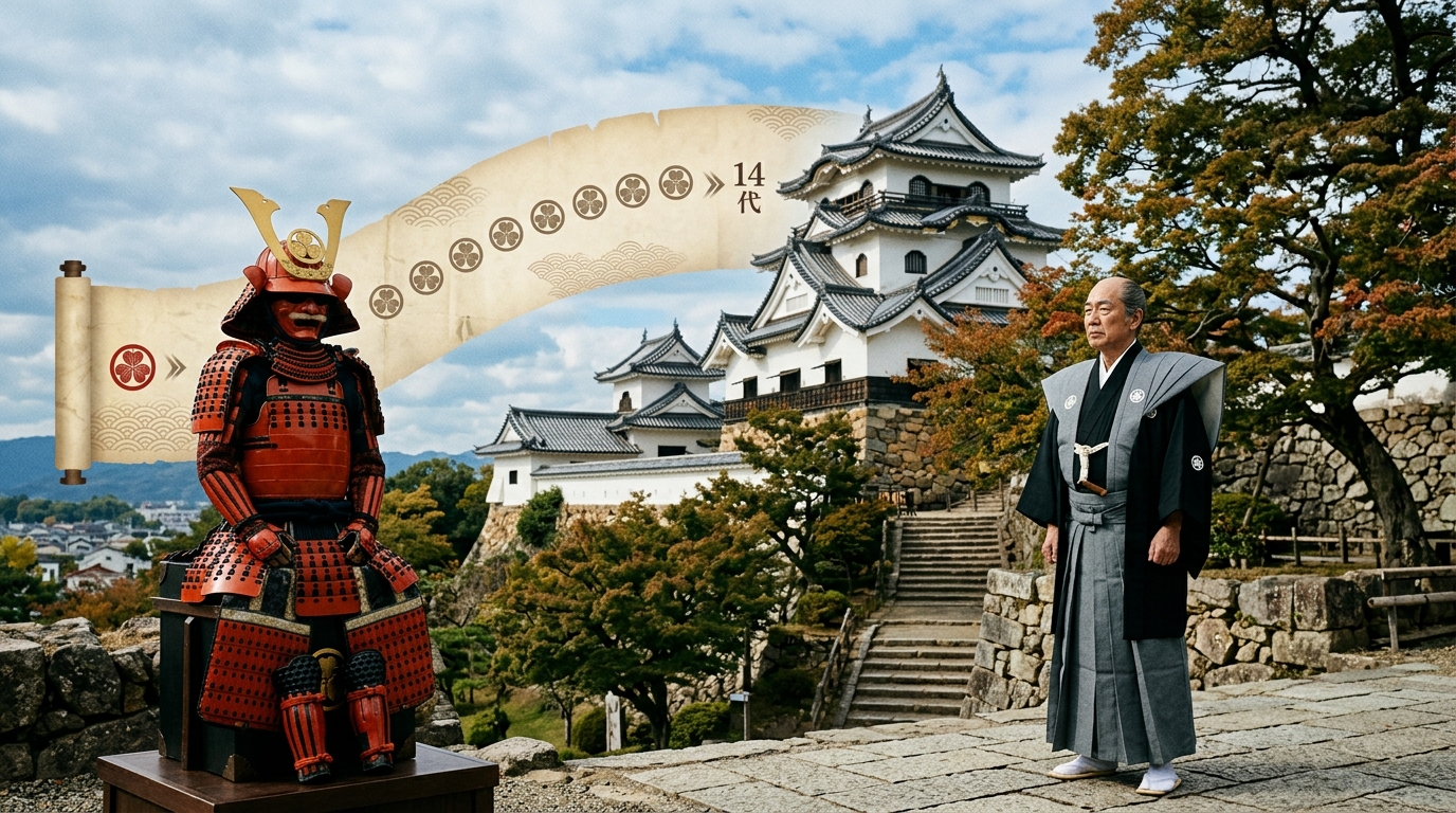 Life-size red samurai armor on a pedestal beside a man in a gray kimono at a historic Japanese castle site.
