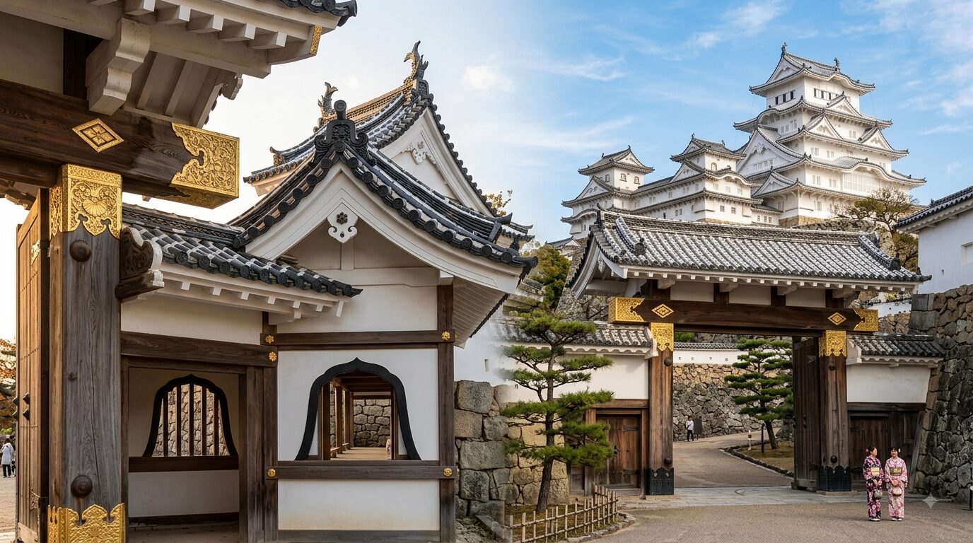 Traditional Japanese castle complex with wooden gate, white walls, and multi-tiered roofs; visitors walk through the entrance area.