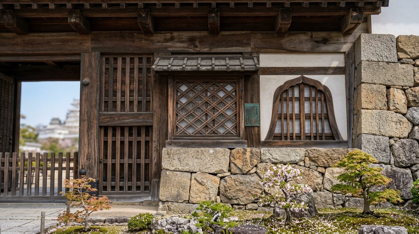 菱の門の格子窓・火灯窓を近くから捉えたイメージ