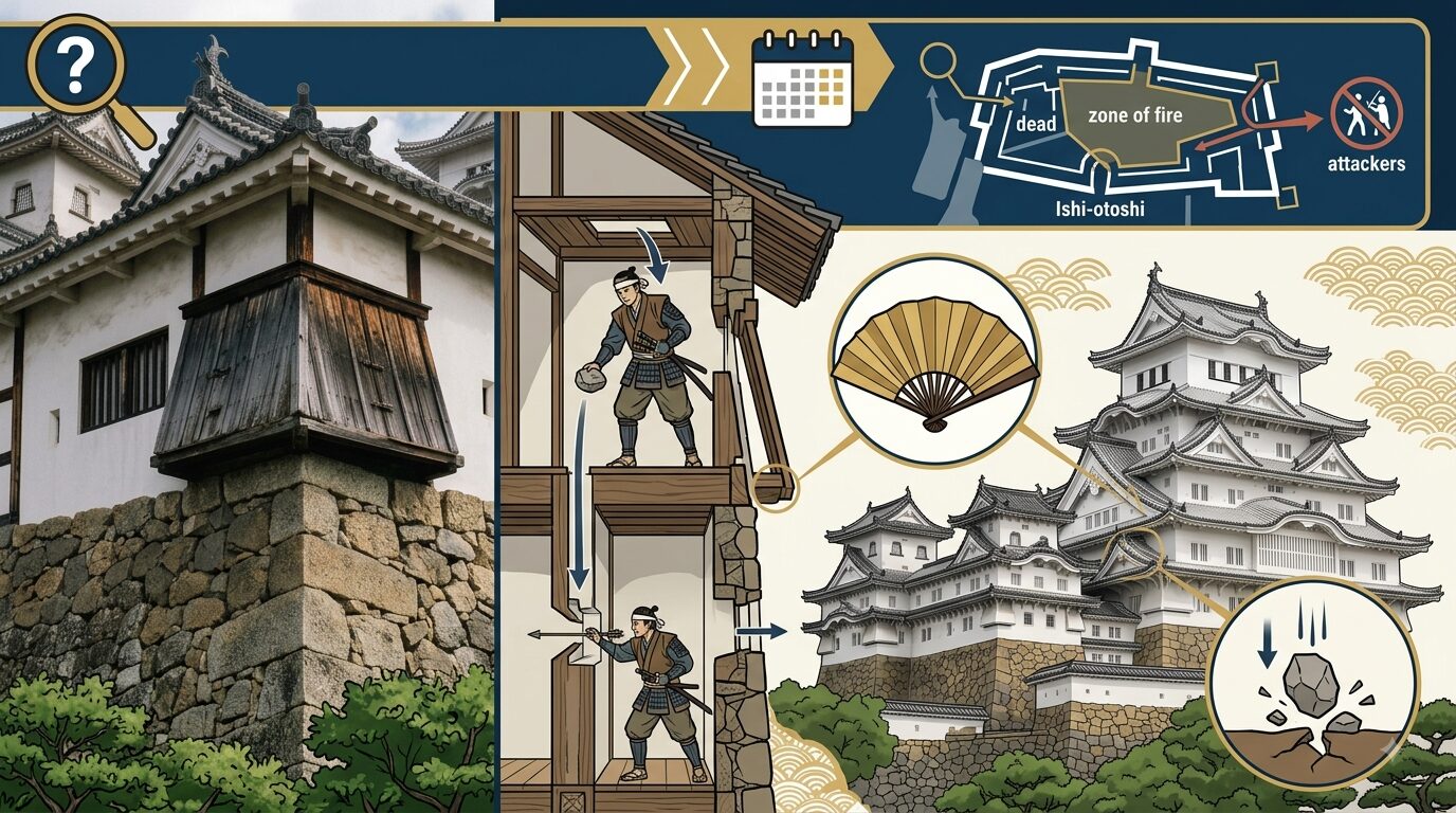 Infographic about building a Japanese castle: stone foundations, wooden scaffolding, workers, and a distant multi-tier castle with construction icons at the top edge.