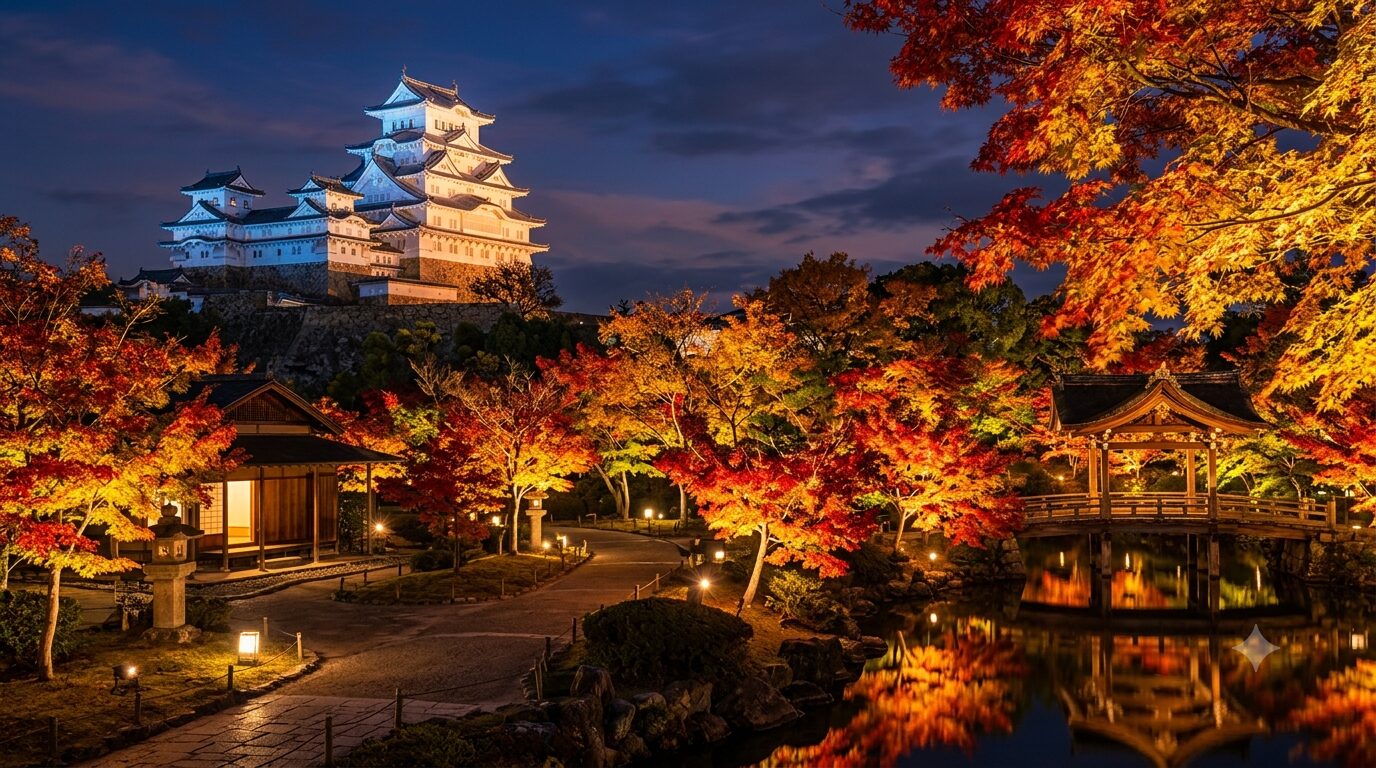 Illuminated Japanese castle atop a hill, surrounded by orange autumn trees and a reflecting pond at night with a wooden bridge nearby, peaceful scene.