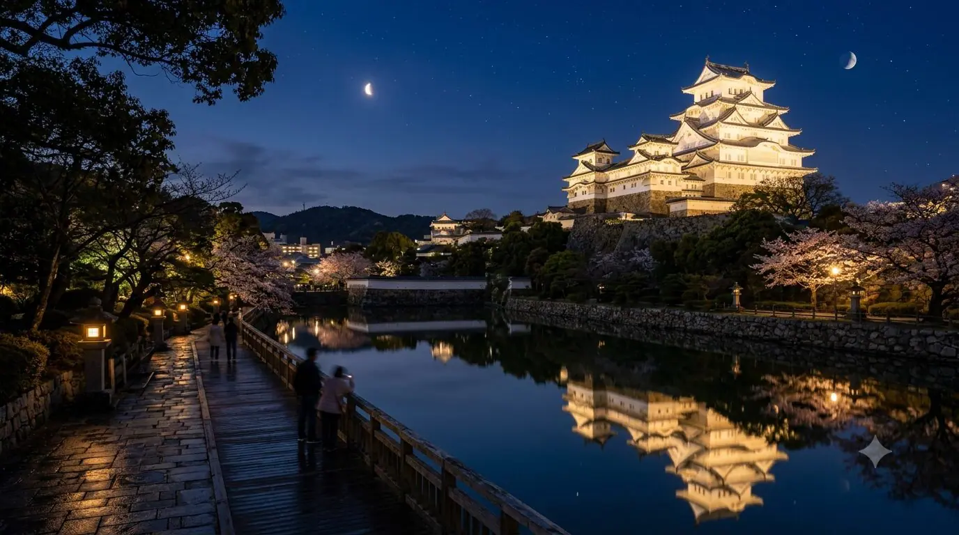 Night view of an illuminated Japanese castle by a calm moat, with cherry blossoms along a stone path and reflections in the water