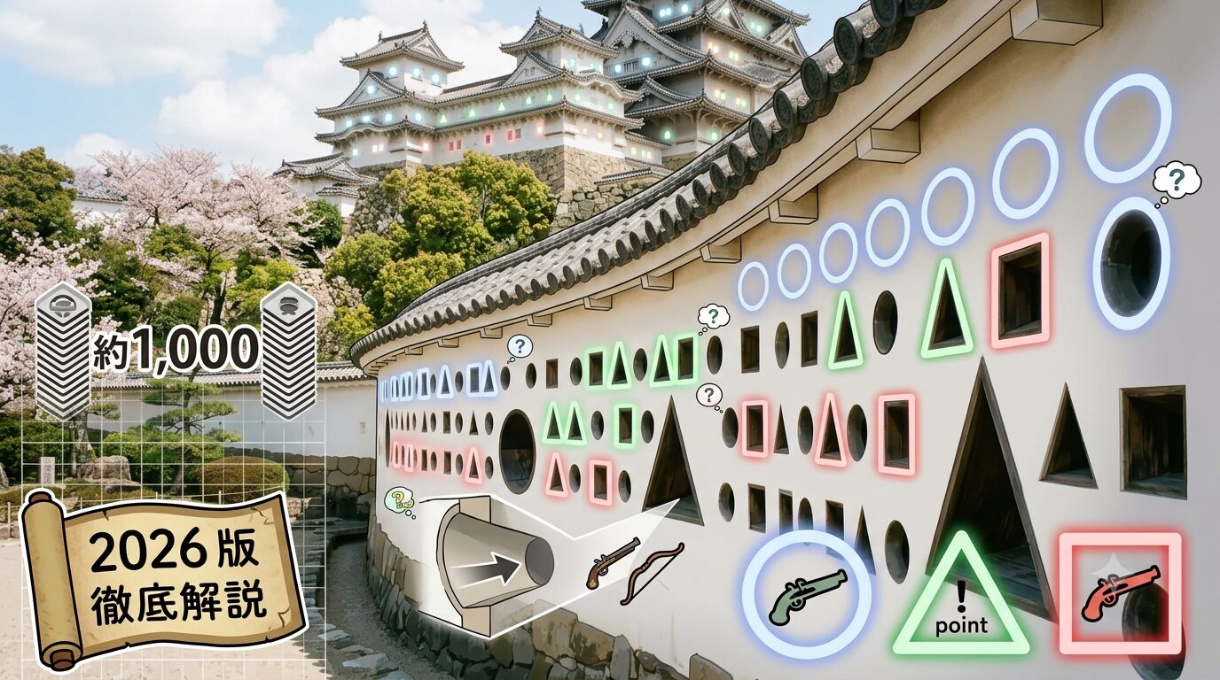 A graffiti-like wall with colorful cutouts (circles, triangles, squares) and AR-style icons beside a Japanese castle in the background, labeled 2026版徹底解説。