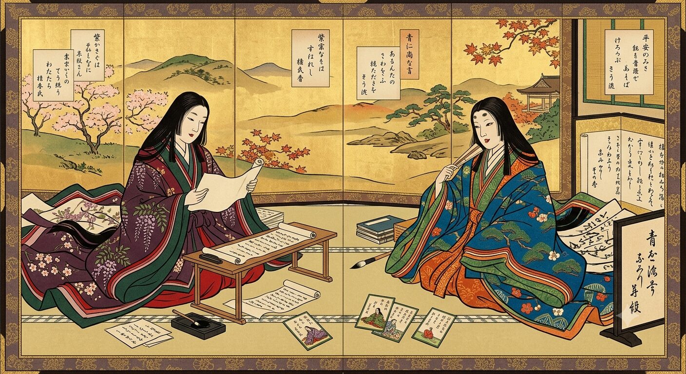 Two women in ornate kimonos sit on a tatami, exchanging scrolls and practicing calligraphy amid scattered papers and books.