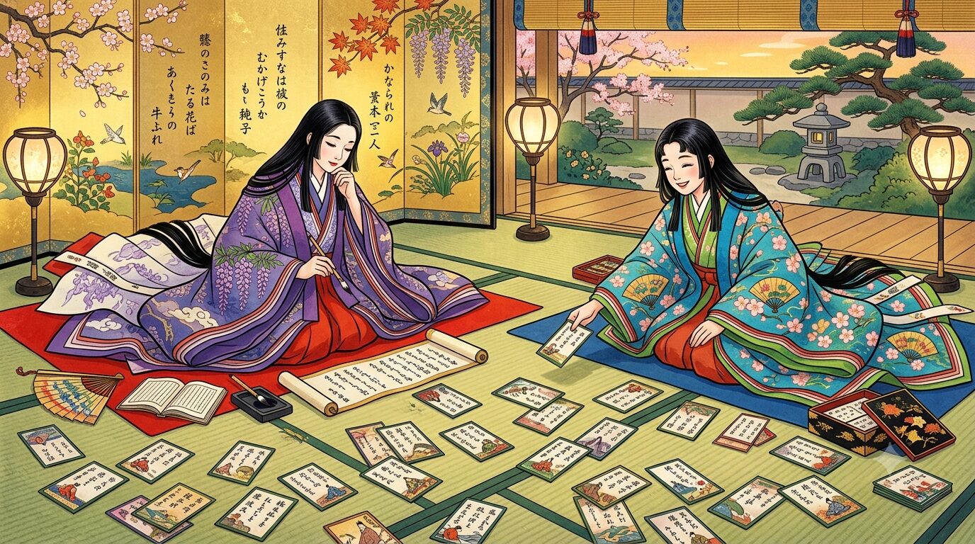 百人一首の歌かるたと紫式部・清少納言をイメージした和風イラスト