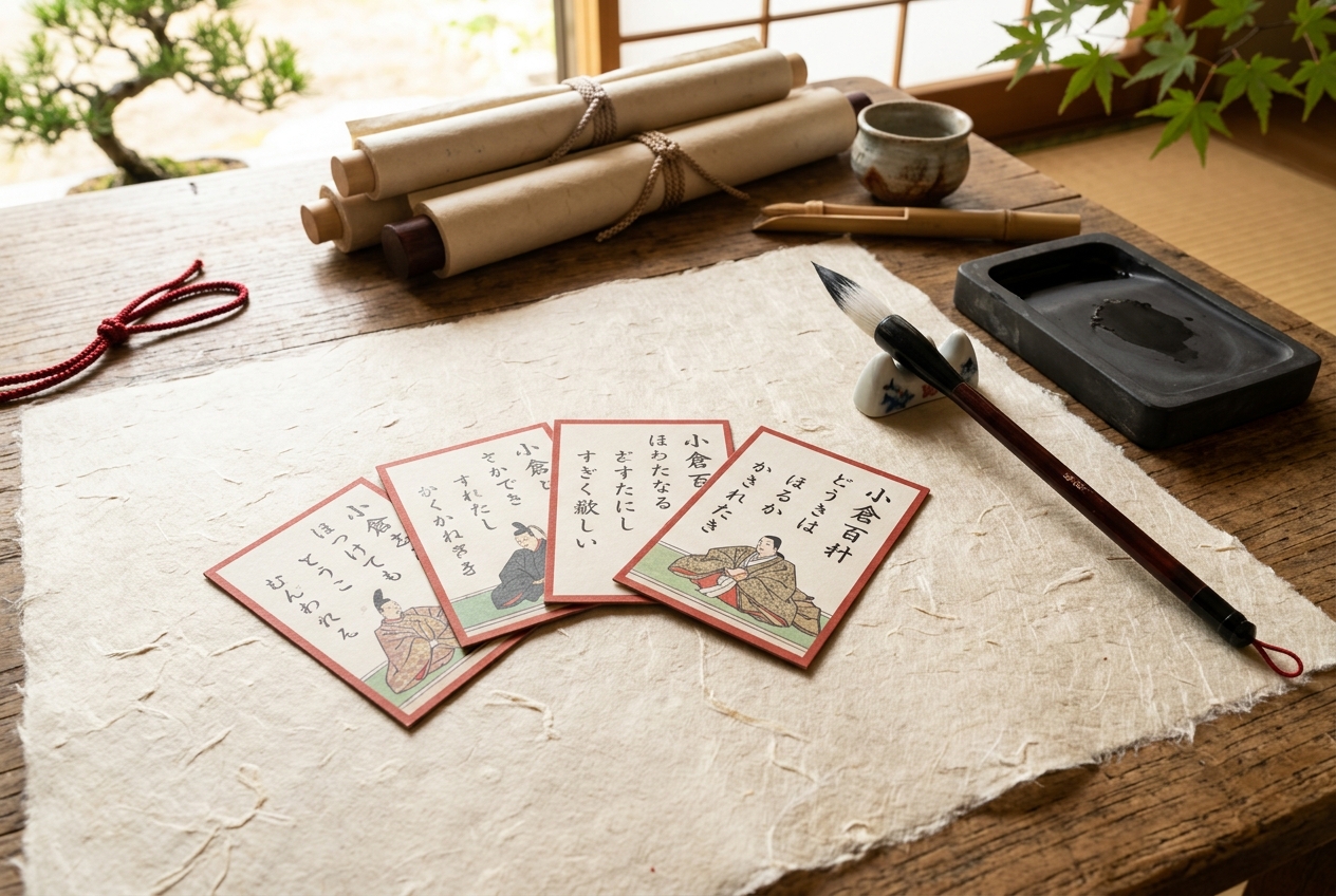 和紙・筆・かるた札が並んだ情景のイメージ画像