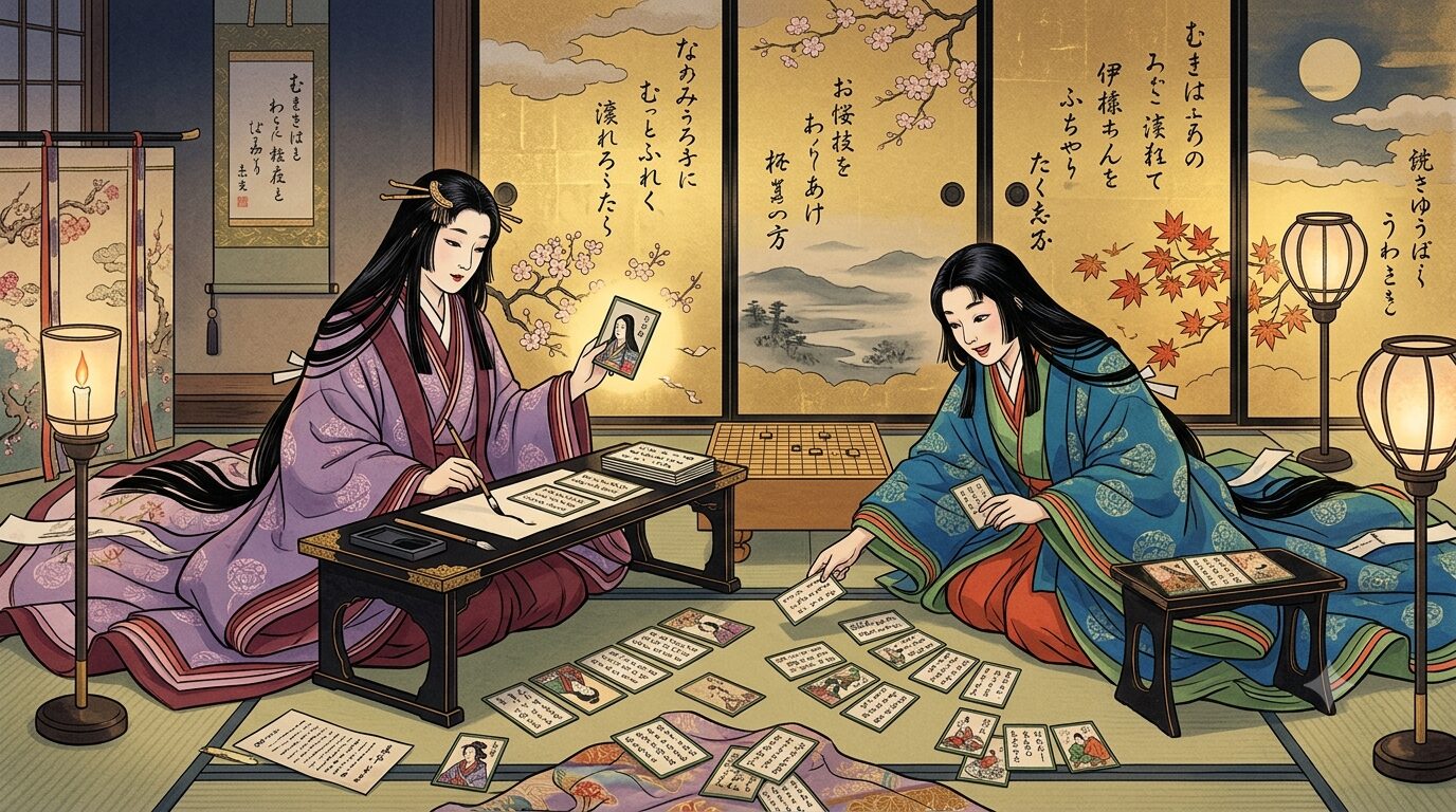 百人一首の札と平安装束の女流歌人・紫式部と清少納言のイメージ