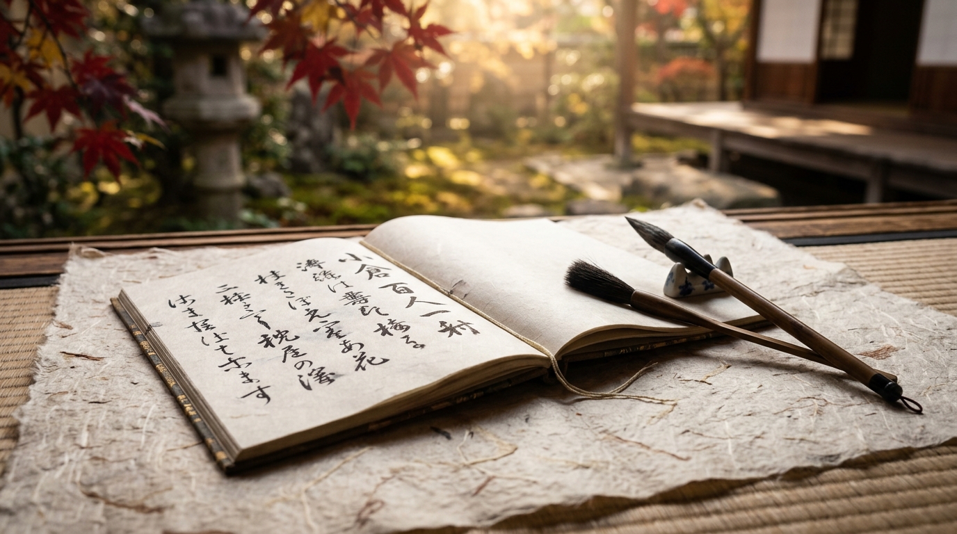 和紙に書かれた百人一首の歌と筆、秋の情景のイメージ