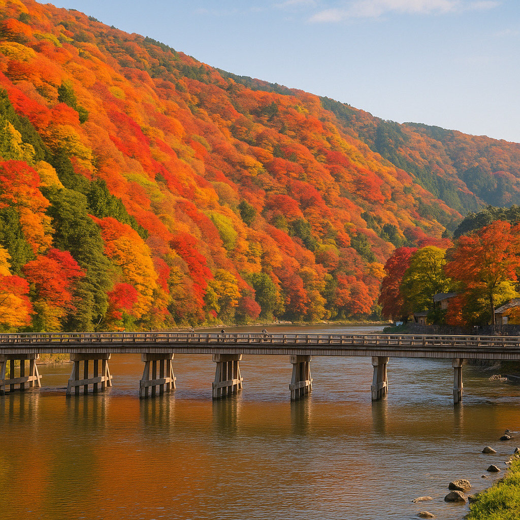 渡月橋と嵐山の紅葉 ― 平安の雅が息づく京都の秋景