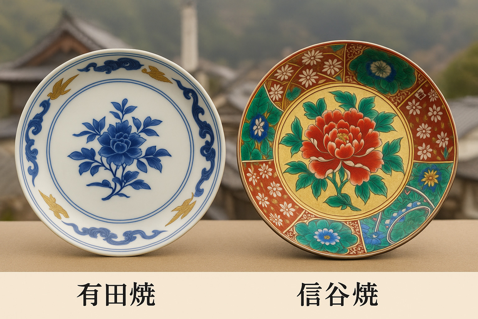 有田焼と九谷焼の比較 ― 白磁と色絵が織りなす日本磁器の美 左に白磁の有田焼、右に五彩の九谷焼を並べた日本磁器の比較構図