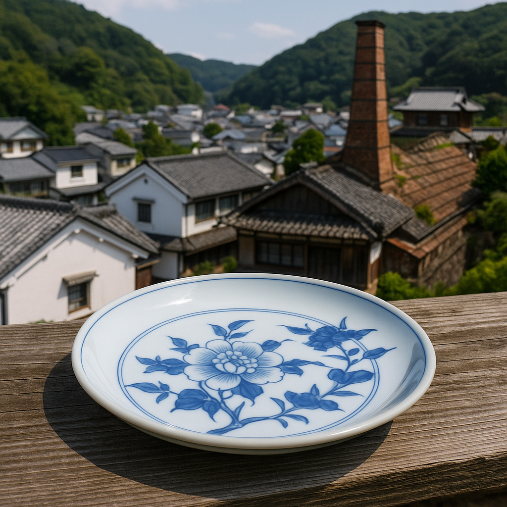 有田焼の代表的な器と窯元風景 ― 日本初の磁器の誕生地 白磁に藍の染付が施された有田焼の器と、背景に広がる佐賀県有田町の登り窯風景