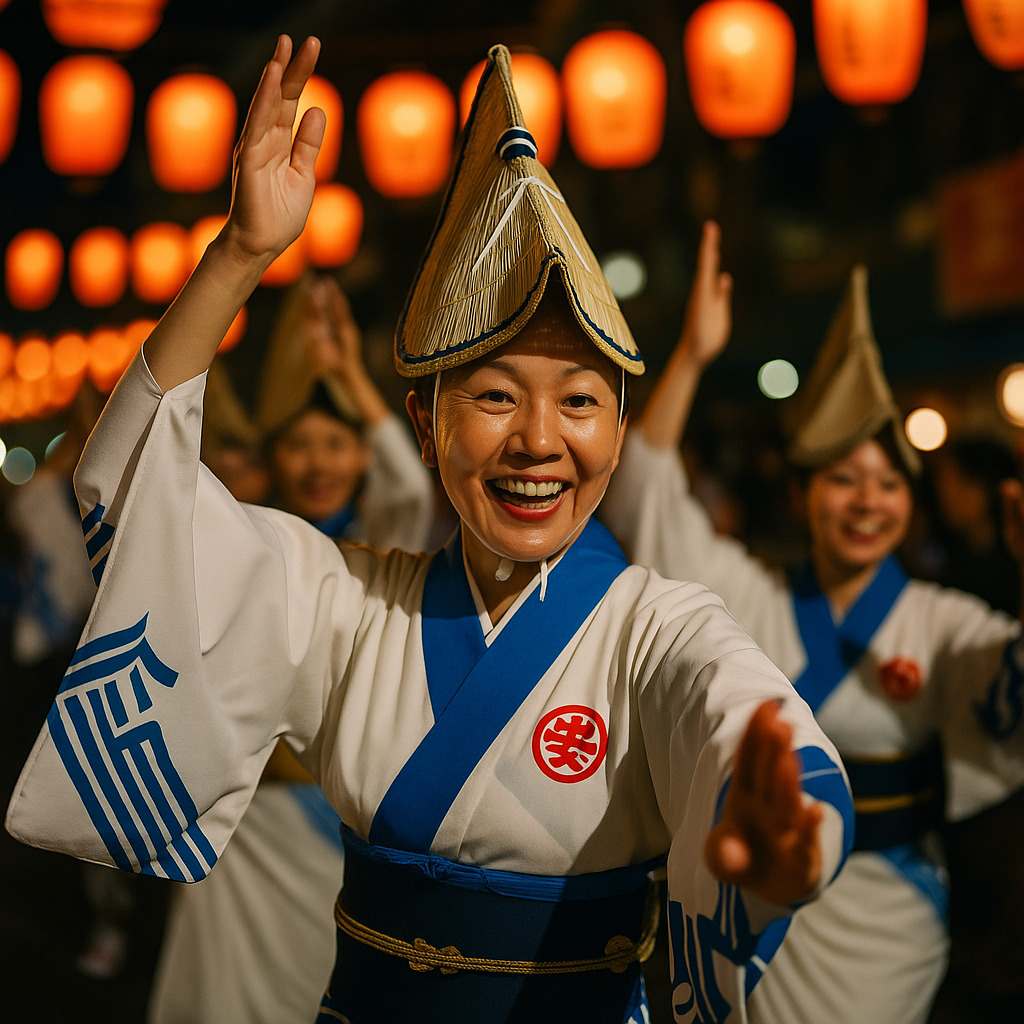 徳島阿波踊りの夜、提灯の光に包まれて笑顔で舞う踊り手たち。観客と一体となる熱気あふれる夏祭りの風景。