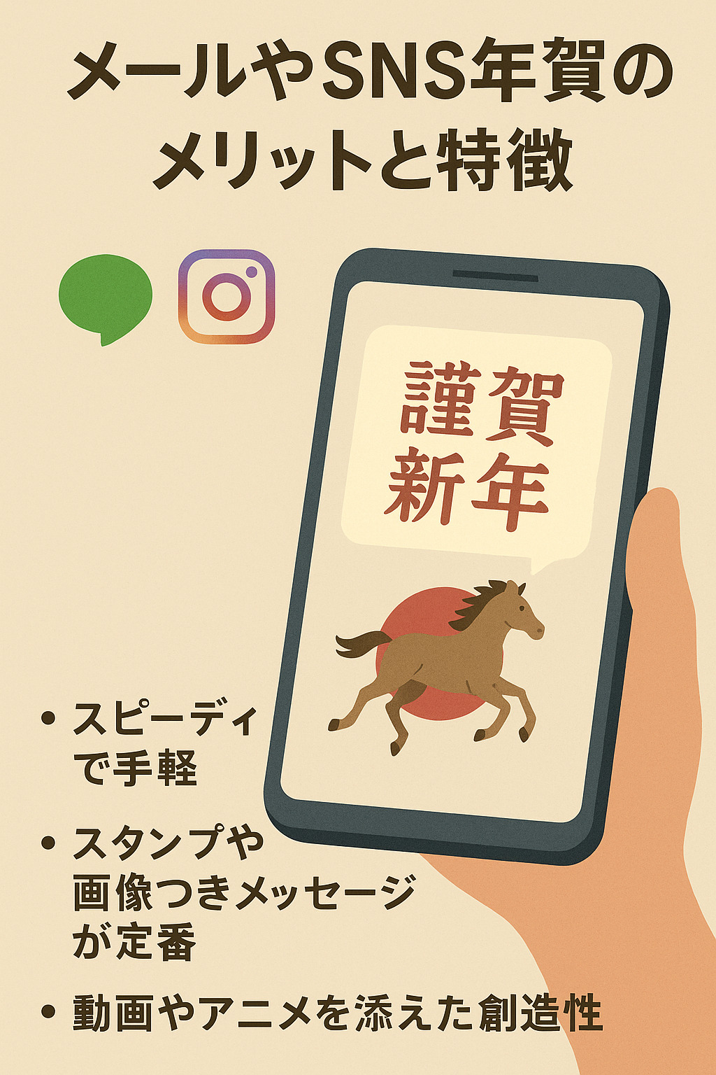 メールやSNSで送る年賀のメリット スマートフォンに表示された2026年の謹賀新年メッセージと干支の馬。SNSやメール年賀の利点を示す図
