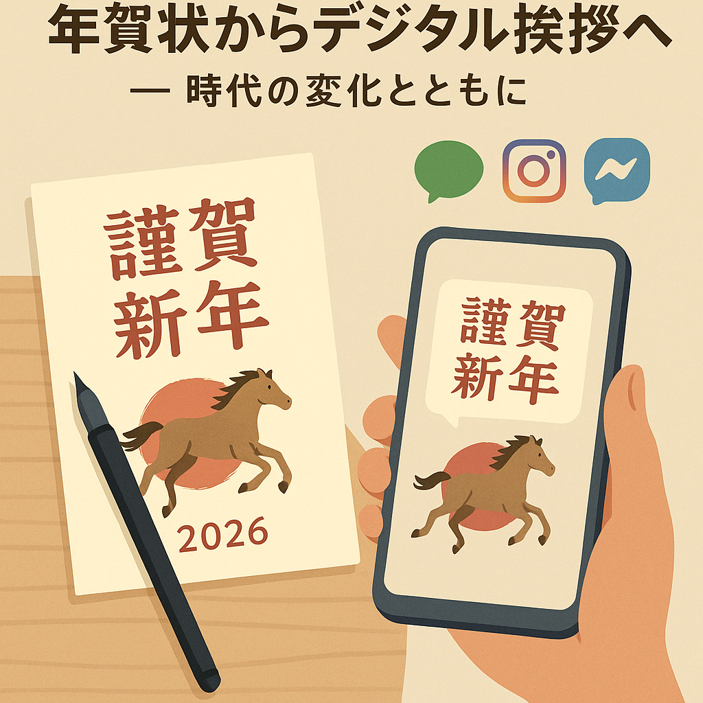 紙とデジタルで送る2026年の年賀挨拶 年賀状とスマートフォンに表示された2026年の謹賀新年。干支の馬が描かれている