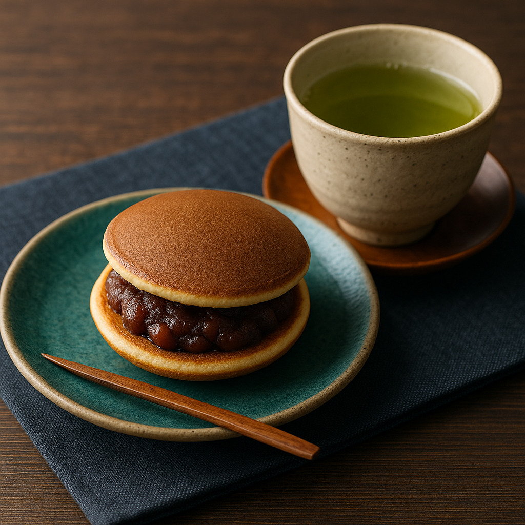 どら焼きと煎茶の冬のひととき 冬のテーブルに置かれたどら焼きと煎茶。柔らかな自然光に照らされた和の情景