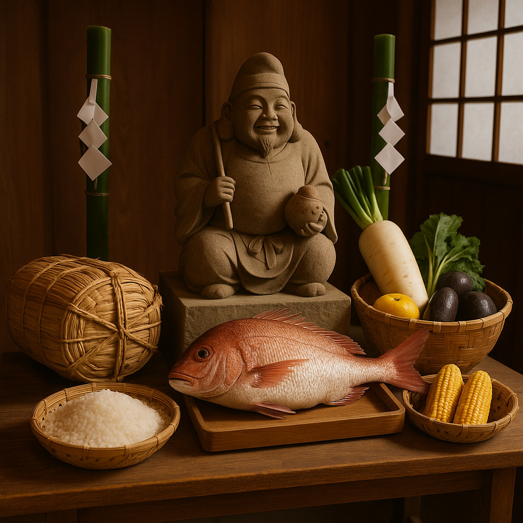 恵比寿講に供えられた鯛と米俵 恵比寿講の供物と祭壇