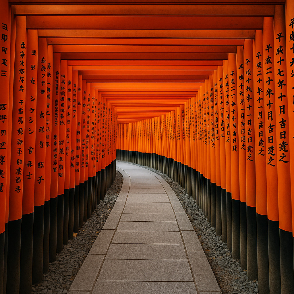 京都・伏見稲荷大社の千本鳥居が続く神秘的な参道 ― 朝の光に朱色の鳥居が映える風景