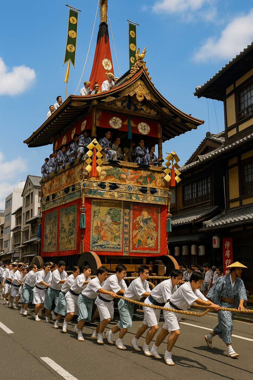 京都祇園祭の豪華絢爛な山鉾巡行が市街を進む風景。雅な伝統と格式が漂う夏の京都を象徴。