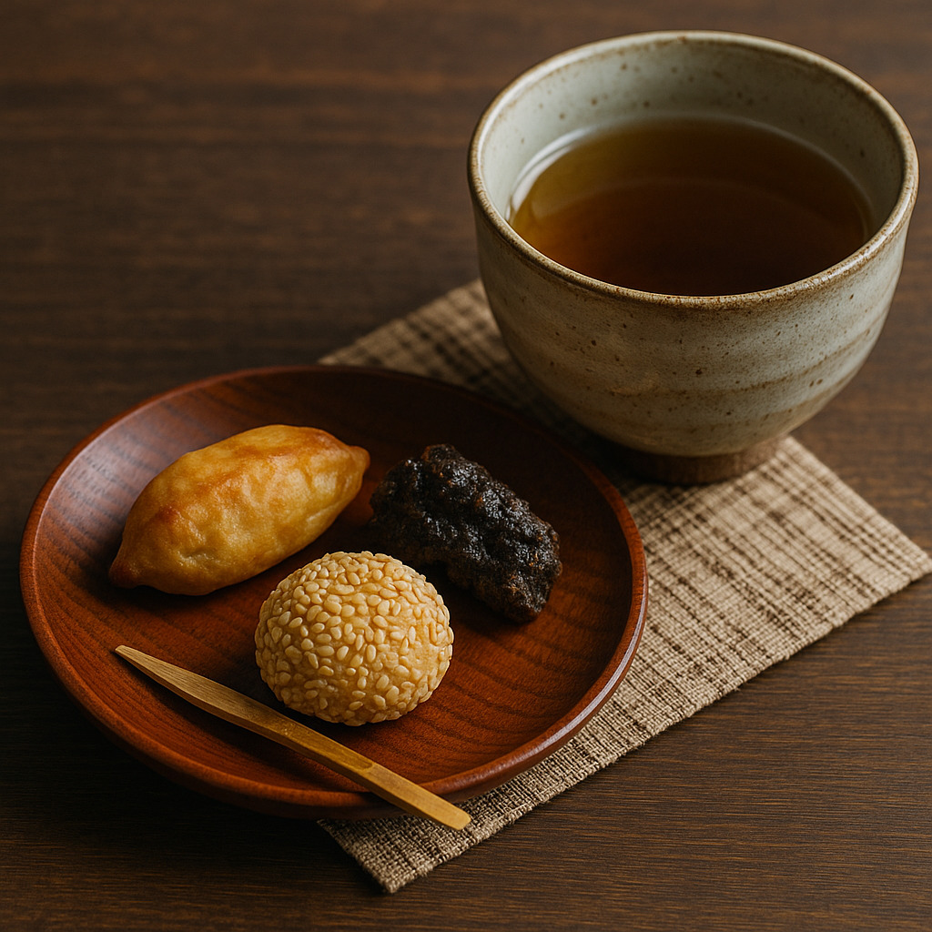 ほうじ茶と冬の和菓子のぬくもり 湯気の立つほうじ茶と冬の和菓子。胡麻餅やかりんとうが木の皿に並ぶ