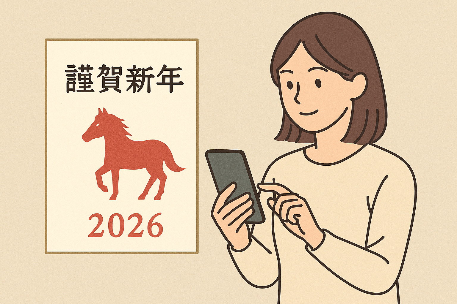 紙とデジタルが調和する2026年のハイブリッド年賀 2026年の干支・馬が描かれた年賀状とスマートフォンを操作する女性。シンプルな構図