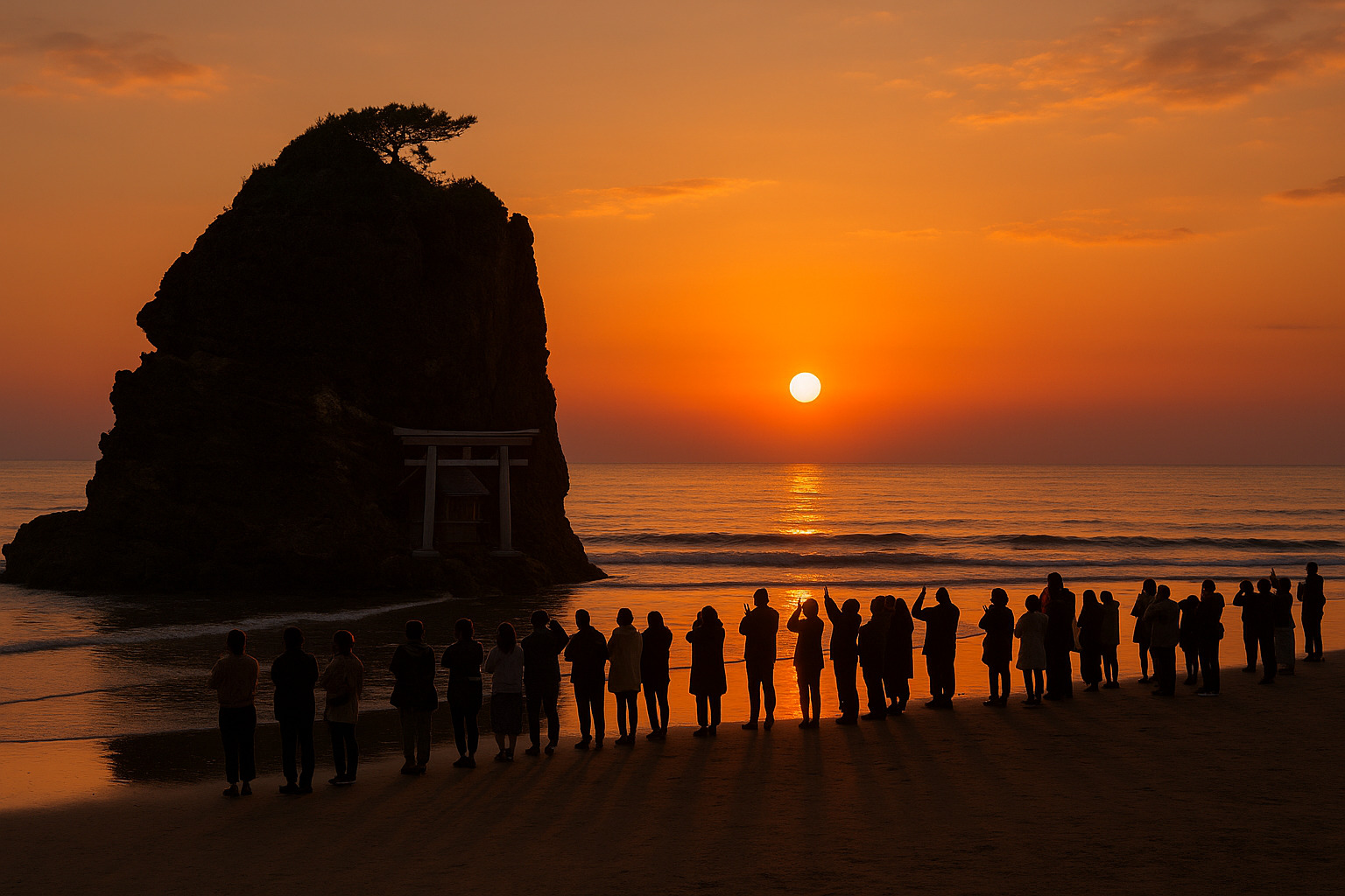 神迎えの浜・稲佐の浜の夕暮れ 稲佐の浜で夕陽に祈る人々