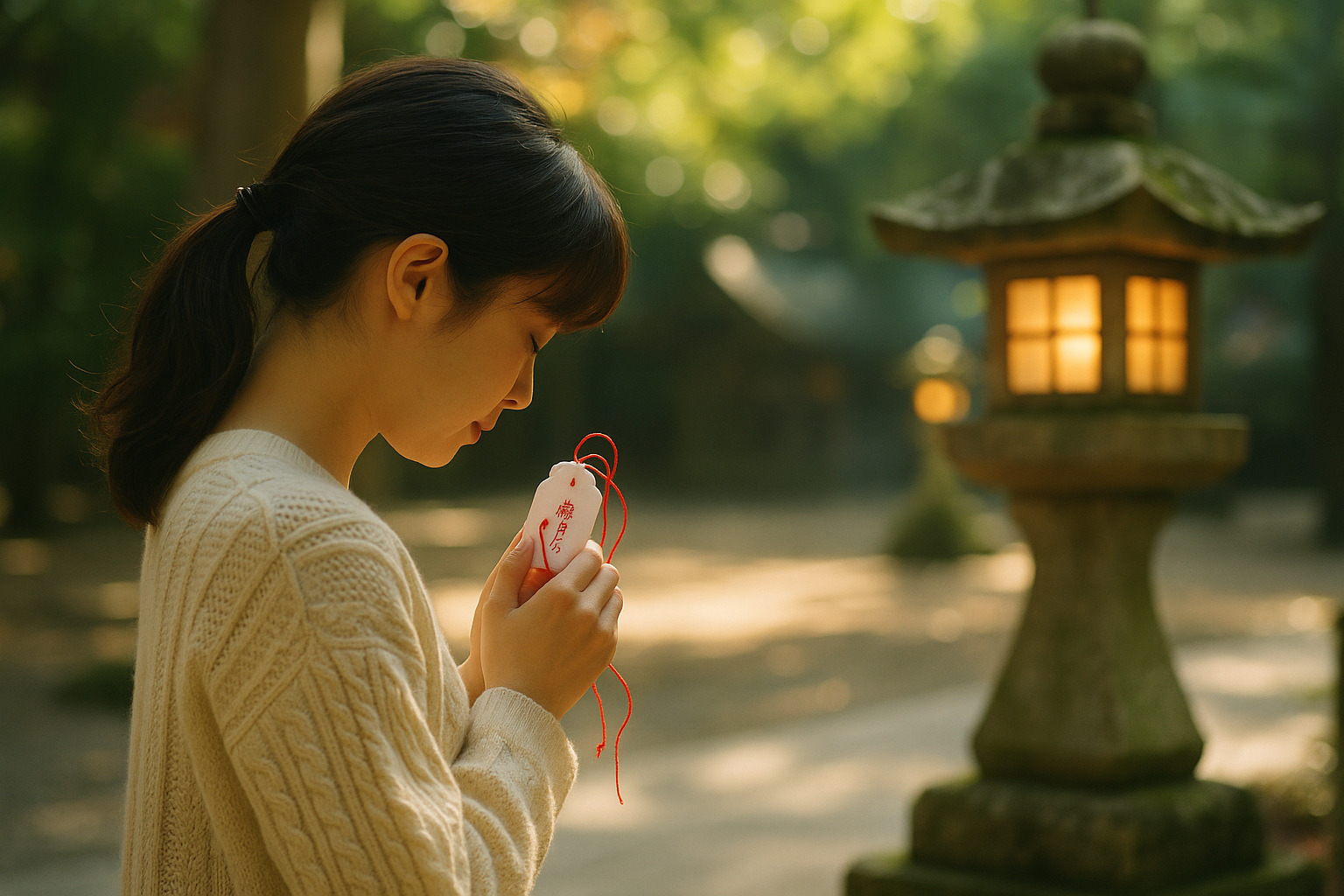 ご縁を願う祈り ― 出雲大社の縁結び信仰 出雲大社の境内で縁結び守を手に祈る女性の後ろ姿
