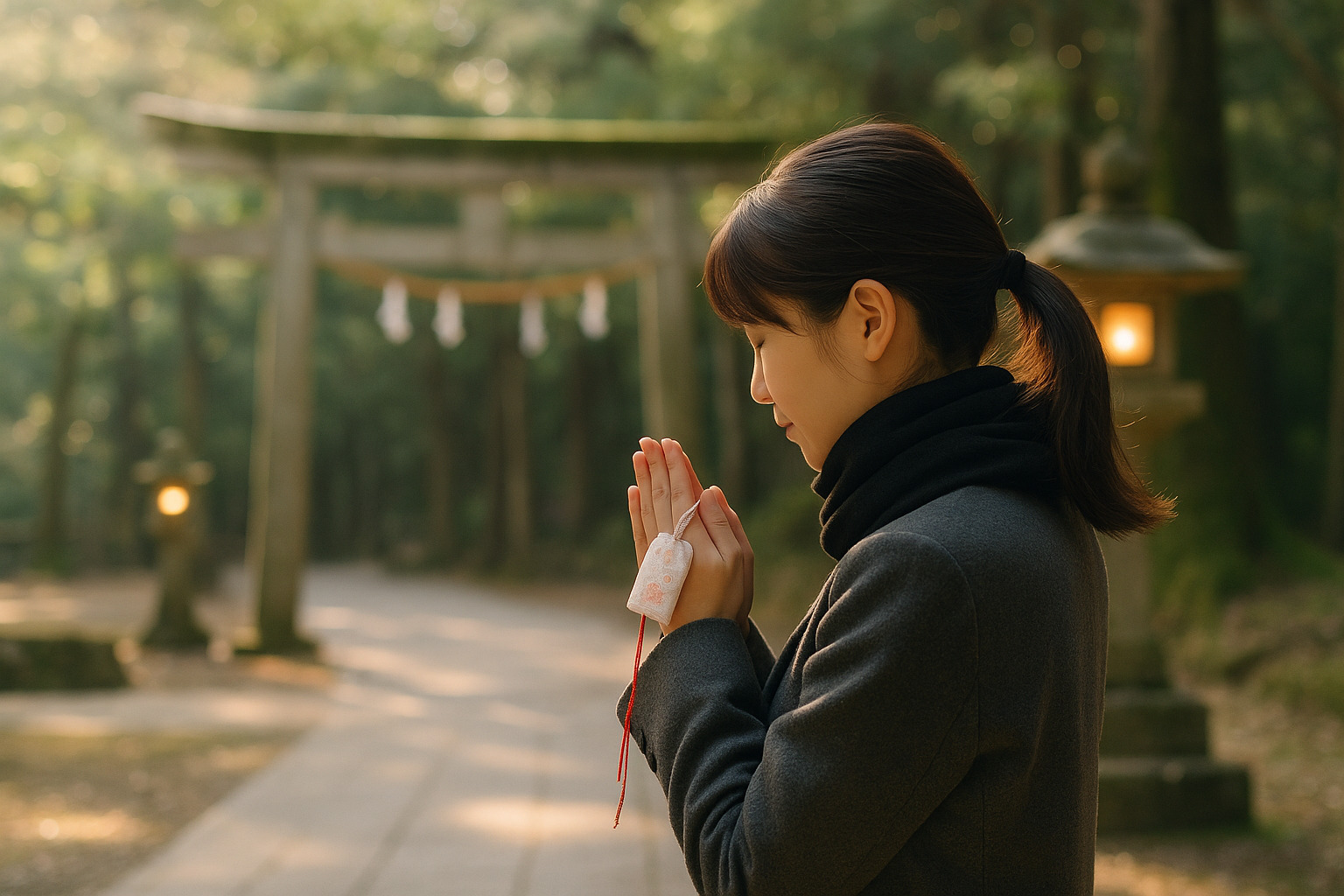 ご縁への祈り ― 出雲大社に息づく信仰の心 出雲大社で縁結び守を手に祈る参拝者の後ろ姿と木漏れ日