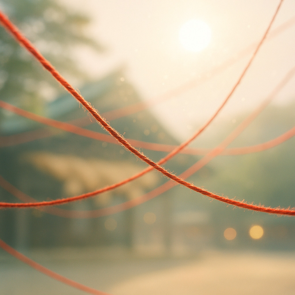 ご縁の象徴 ― 赤い糸が結ぶ祈り 光の中で交差する赤いご縁の糸と出雲の風景