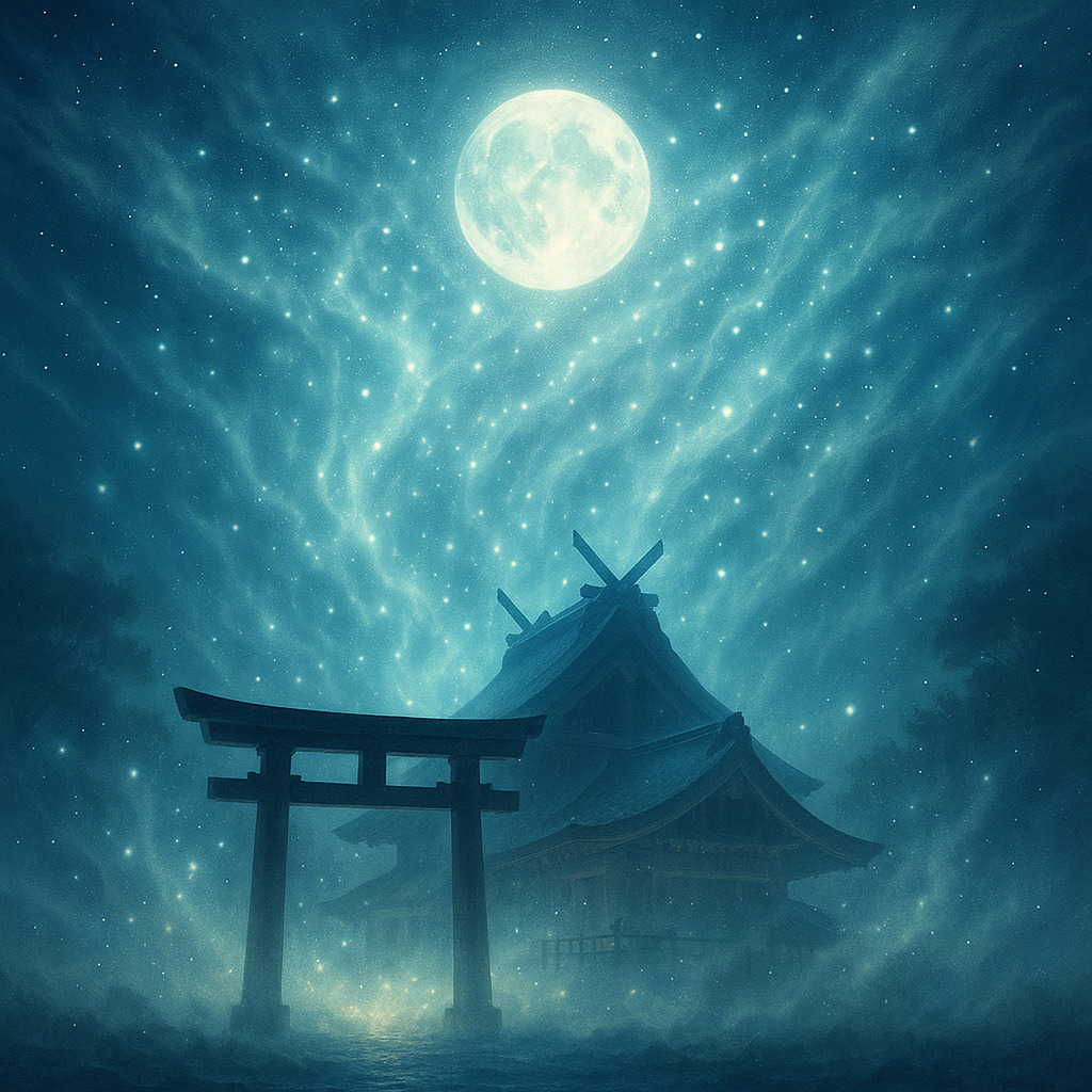 神在月 ― 八百万の神々が出雲に集う夜 満月に照らされた出雲大社と、八百万の神々の気配が漂う幻想的な夜空