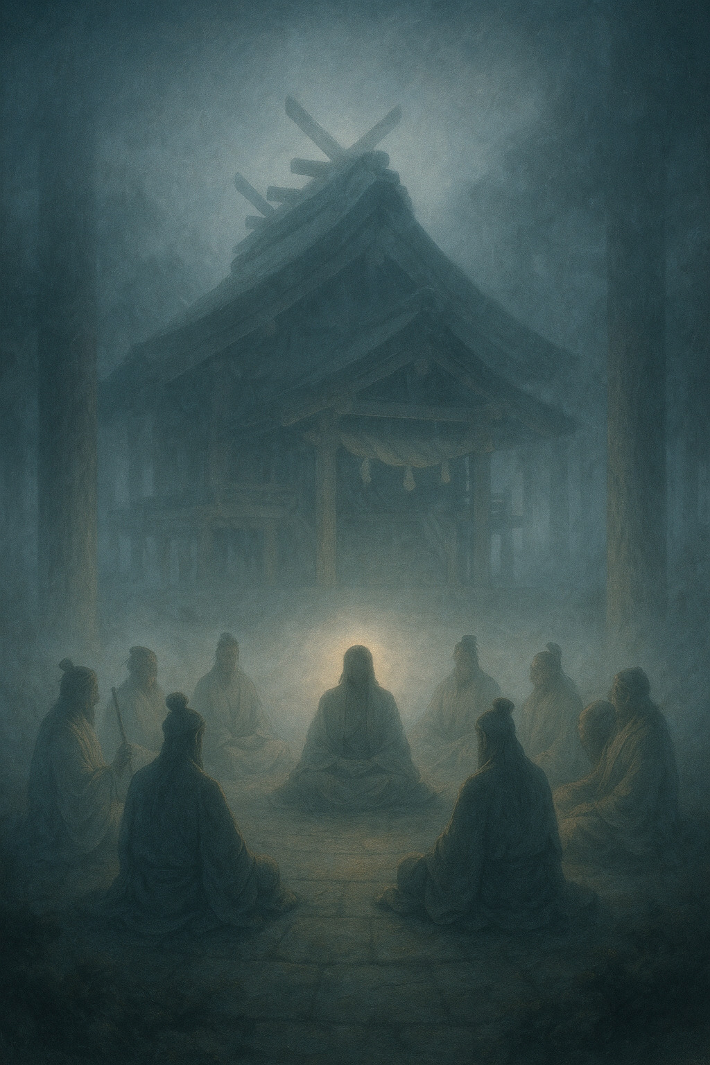 神議 ― 出雲で語らう八百万の神々 霧の中の古代神殿で光を囲む神々が座す幻想的な神議の情景