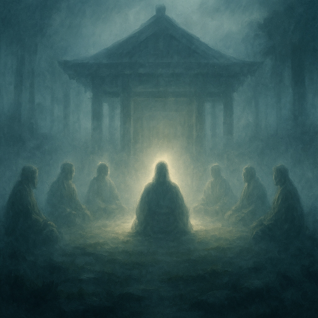 神議 ― 出雲の神々が語り合う神聖な光景 霧の中の古代神殿で光に包まれた大国主大神と円座に集う神々の幻想的な風景