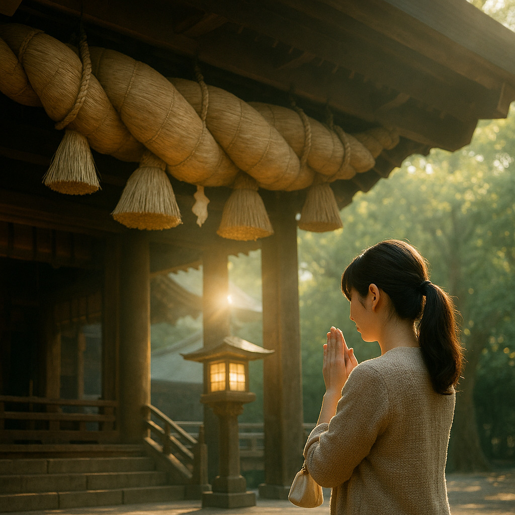 出雲大社 ― ご縁を結ぶ祈りの聖地 出雲大社の大しめ縄を背景に参拝者が手を合わせる祈りの情景