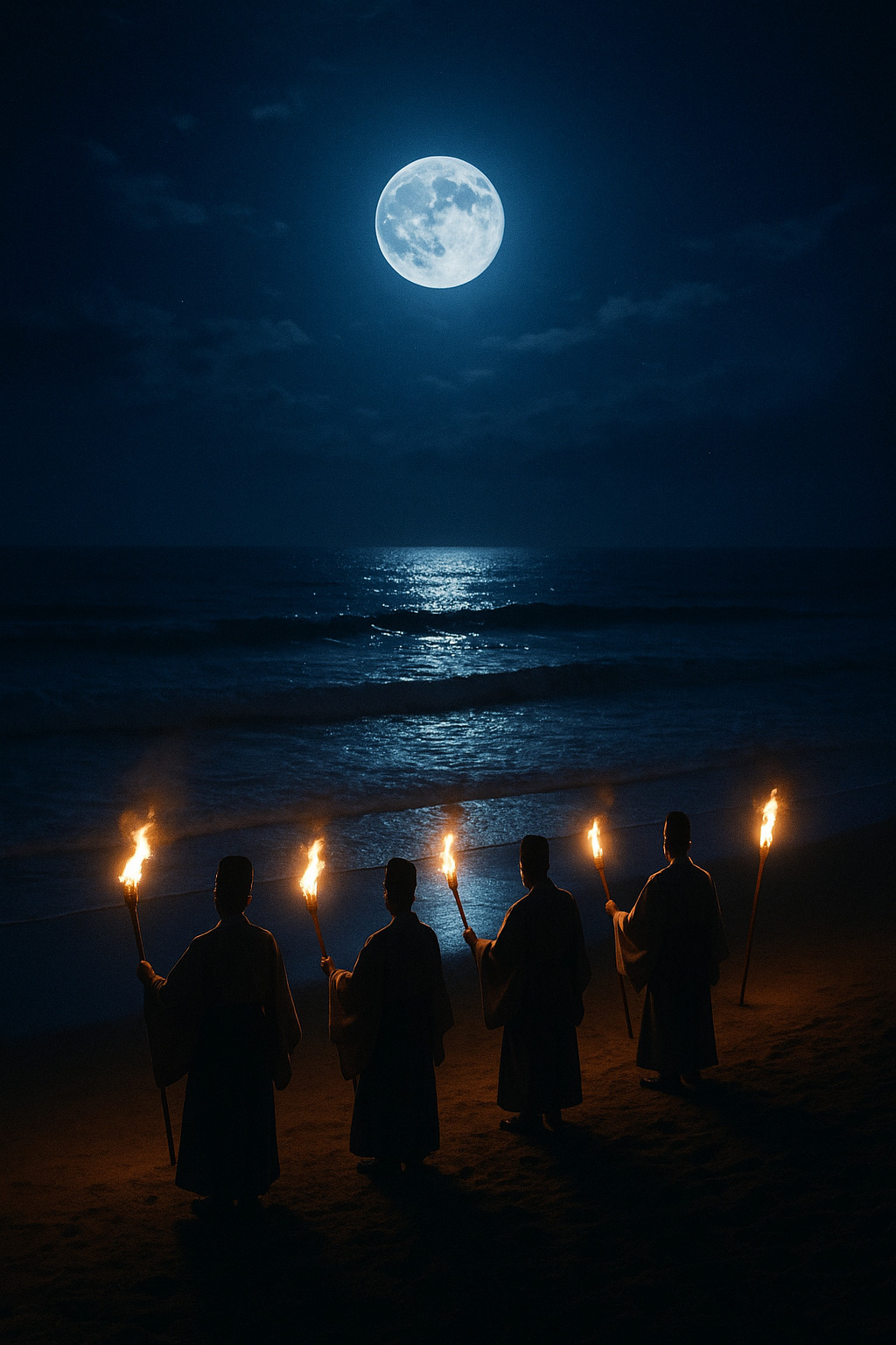 神迎神事 ― 稲佐の浜で神々を迎える夜 夜の稲佐の浜でたいまつを手に祈りを捧げる神職たちと満月に照らされた海