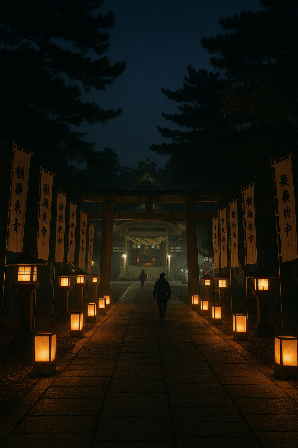 出雲大社の夜 ― 灯籠が照らす神在祭の参道 夜の出雲大社参道に灯る灯籠と白いのぼり旗が並ぶ神聖な風景