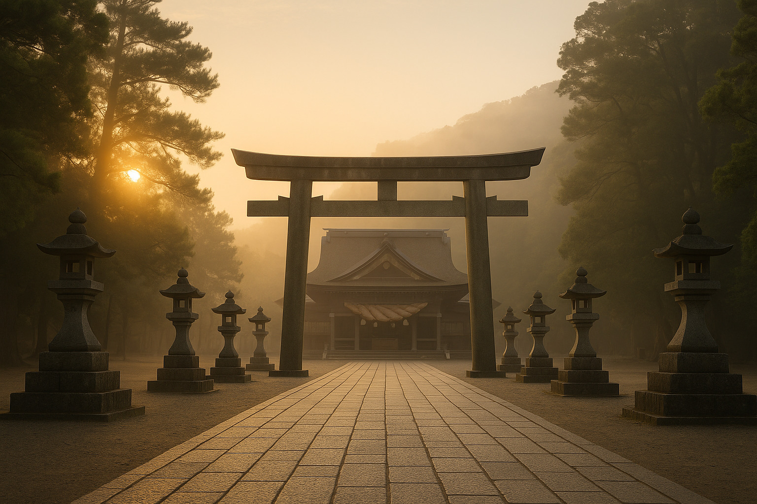 出雲大社の神在月の朝景 朝霧に包まれた出雲大社の参道と鳥居