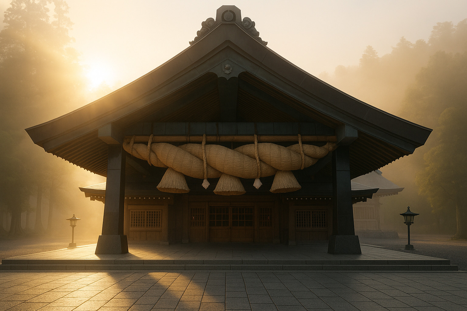 出雲大社の大しめ縄と朝の光 出雲大社の大しめ縄と朝の光