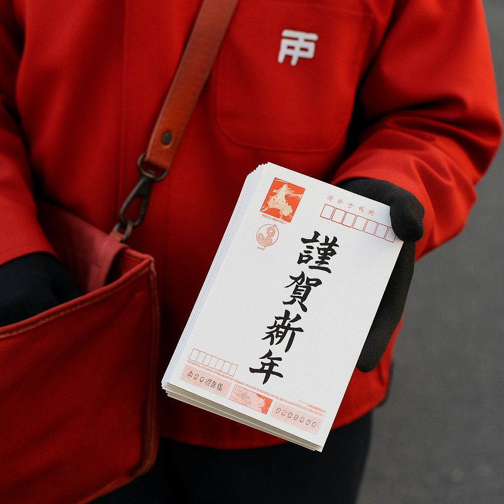 郵便配達と年賀状の束 郵便配達と年賀状の束
