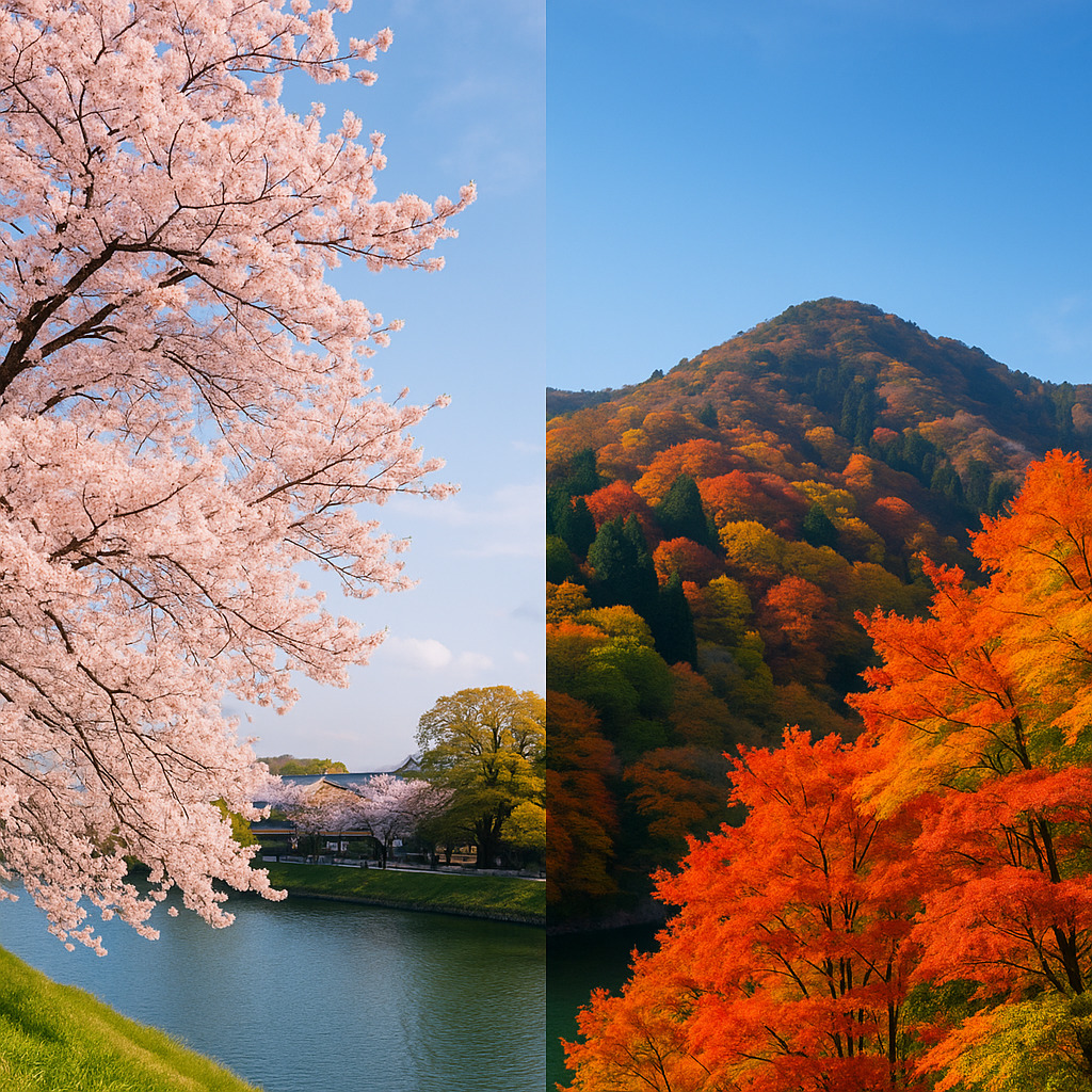 春の桜と秋の紅葉を楽しむ日本旅行ガイドのイメージ写真