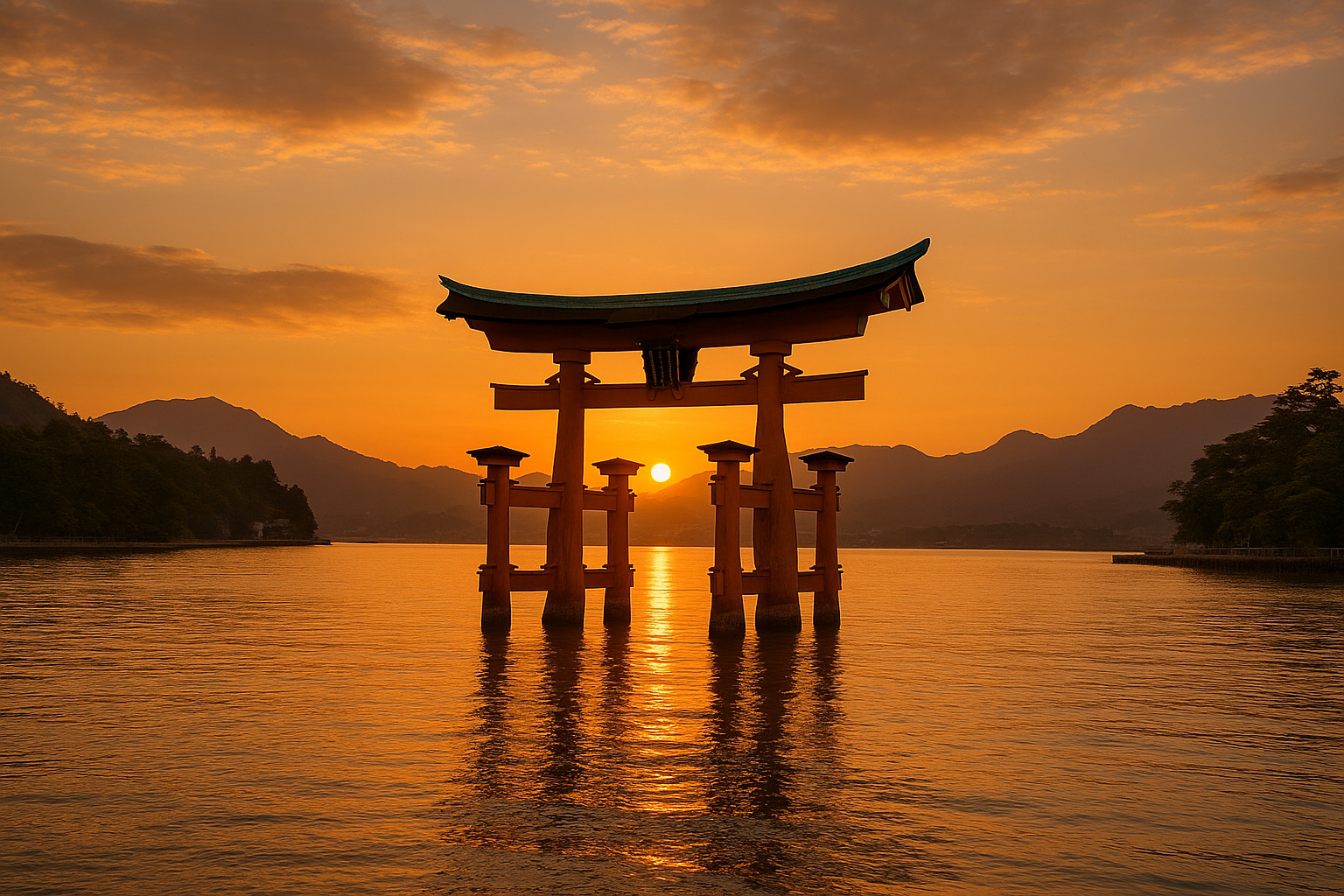日本の世界遺産の旅の締めくくり ― 厳島神社と屋久島の自然 厳島神社の大鳥居と屋久島の森が映える日本の世界遺産の締めくくり風景