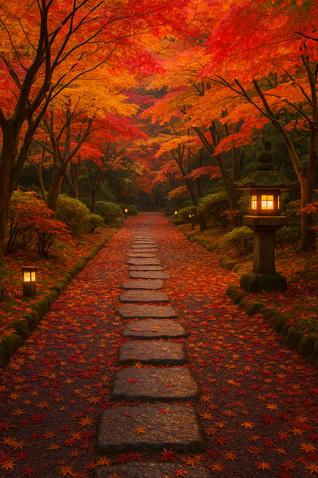 紅葉と落ち葉が彩る秋の日本庭園の参道